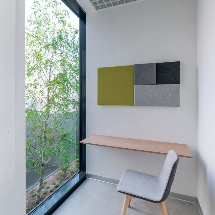 cadres décoratifs en feutre pet felt installées au mur d'un bureau
