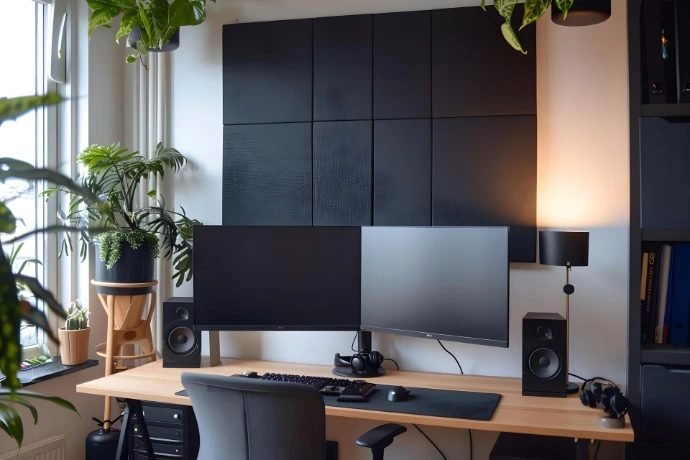 Bureau professionnel avec deux écrans d'ordinateur et des panneaux acoustiques en feutre installés au mur