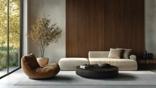 Salon moderne avec chaise en cuir marron, canapé beige et panneaux muraux en lambris de bois