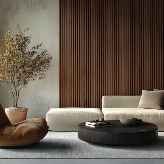 Salon moderne avec chaise en cuir marron, canapé beige et panneaux muraux en lambris de bois