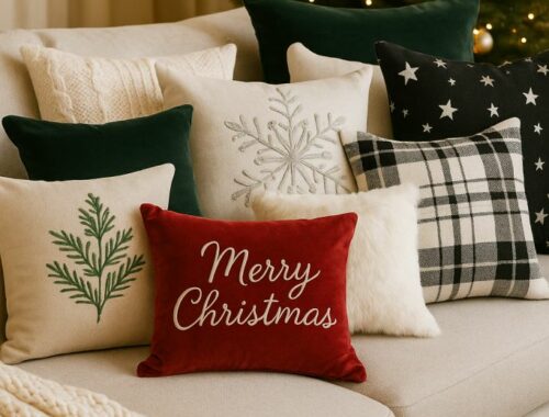 Coussins de Noël posés sur un canapé beige