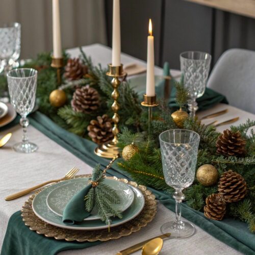 Table de Noël avec nappes et serviettes en tissus